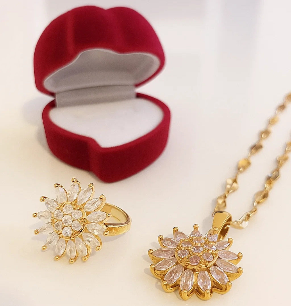 COLLAR GIRASOL Y ANILLO GIRATORIO + CAJA DE LUJO Y ENVIO GRATIS 🎁